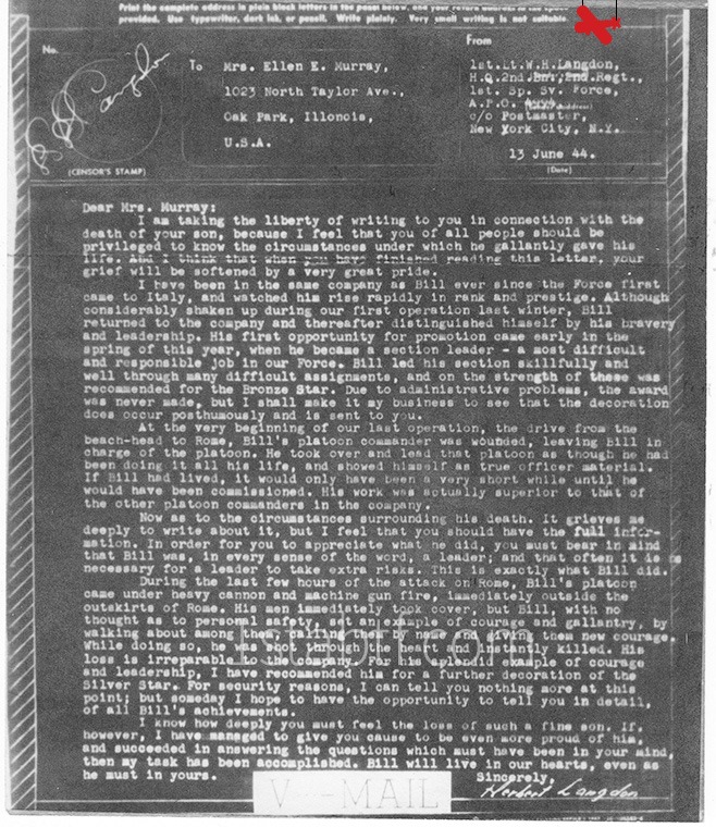 Le 1st Lt. W. Herbert Langdon, Battalion Adjudant du II/2nd Regt. devient commandant par intérim de la 6-2 suite aux lourdes pertes en officer de l'unité à la suite de la percée d'Anzio. Il a écrit une lettre à la mère du Sgt. William Murray qui a été tué à la périphérie de Rome.